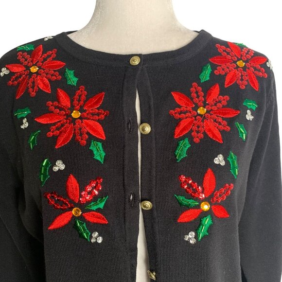 Classic Elements Holiday Poinsettia Cardigan Sweater MP Black Sequin Button Up - Picture 2 of 6